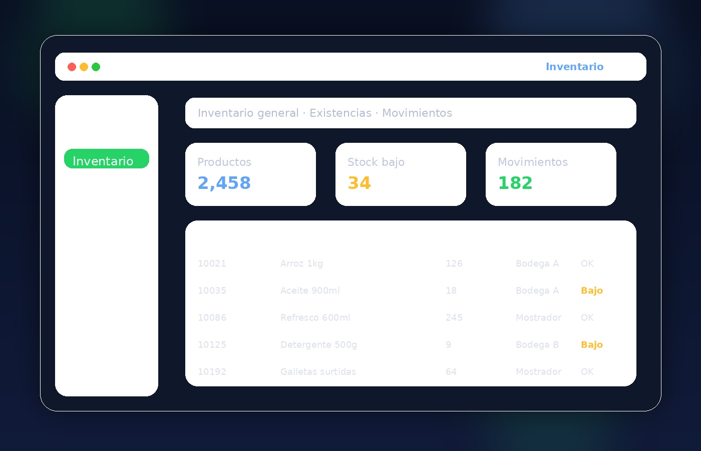Pantalla de inventario